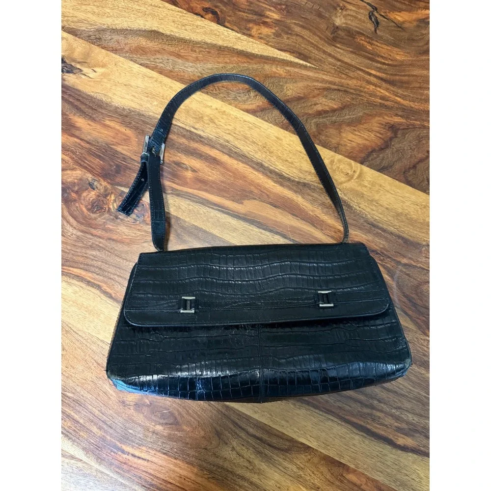 Etienne Aigner Black Croc Embossed Leather Baguette Shoulder Bag Silver Hardware